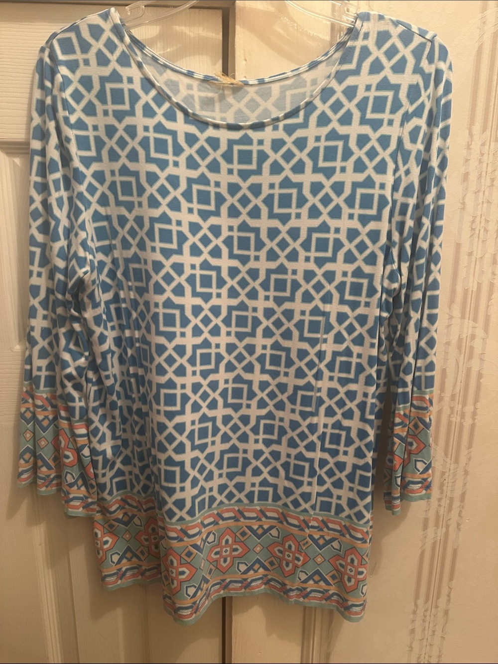 Source Unknown Blue and White Geometric Tunic with Multicolor Border